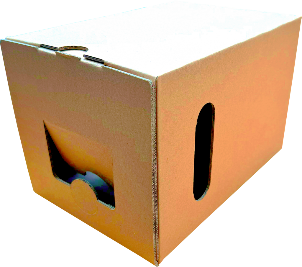 Braune Kartonverpackung mit seitlichem Griff und Ausgussöffnung vorne