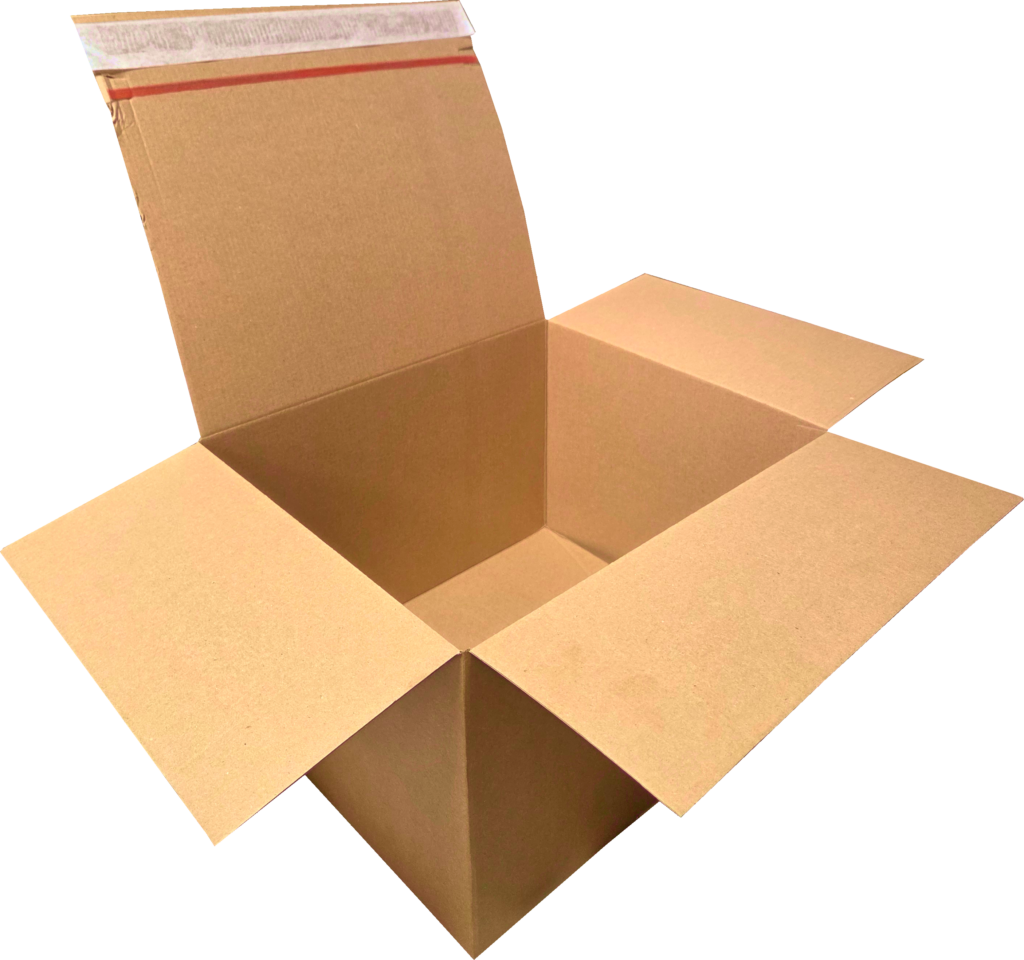 Offener, leerer brauner Karton mit aufgeklappten Klappen, Aufreißfaden und Klebestreifen