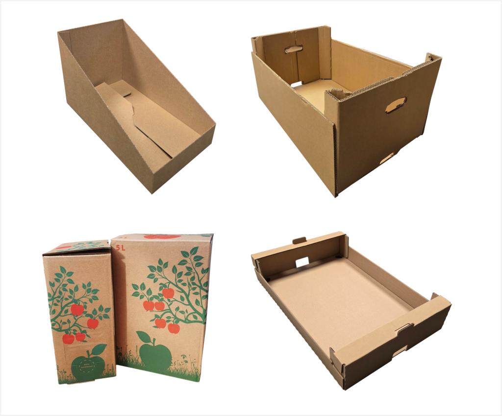 Vier verschiedene braune Kartonverpackungen, darunter zwei flache, eine hohe Schütte und zwei bedruckte Bag-in-Box-Kartons mit Apfelmotiven